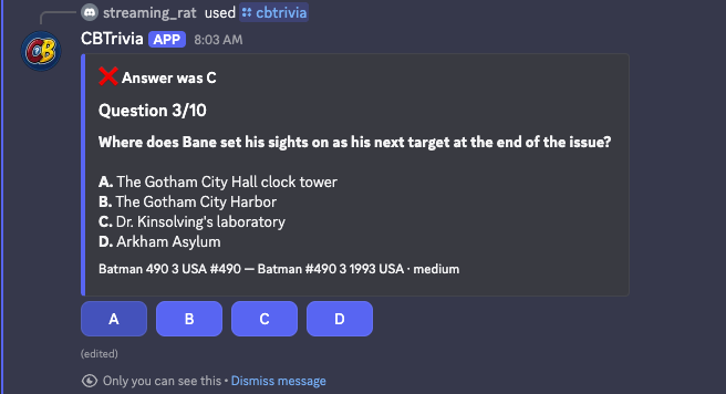 A CB Trivia question being played in Discord